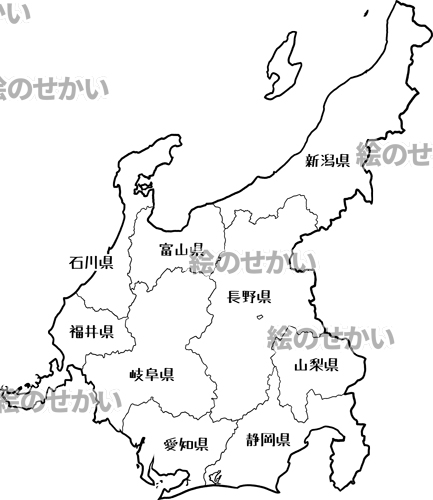 中部地方(地名入り)の白地図サンプル
