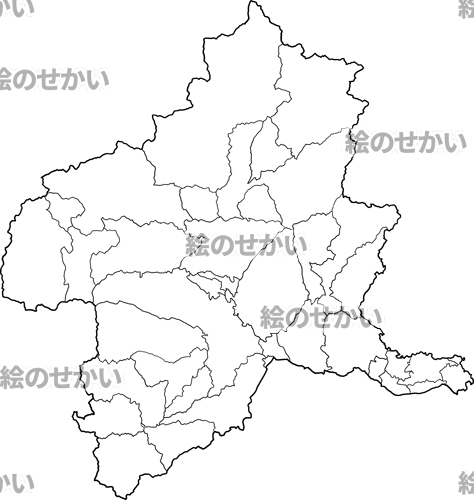 群馬県(境界線あり)の白地図サンプル