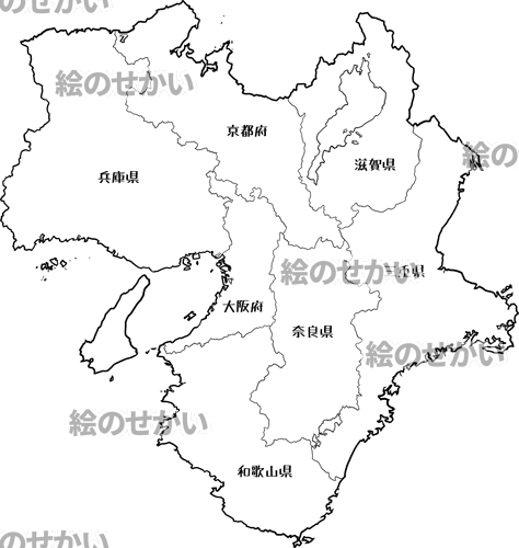 近畿地方(地名入り)の白地図サンプル