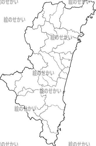 宮崎県(境界線あり)の白地図サンプル