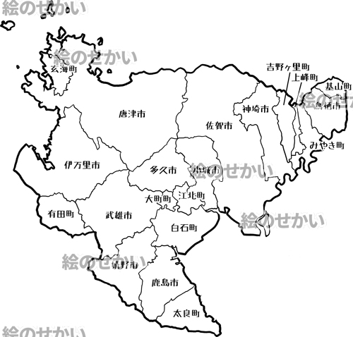 佐賀県(地名入り)の白地図サンプル